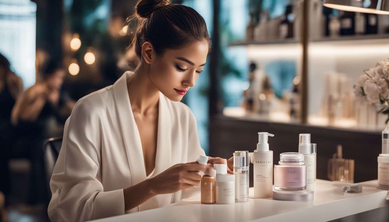 A woman applying collagen-infused skincare product in modern, bustling environment.