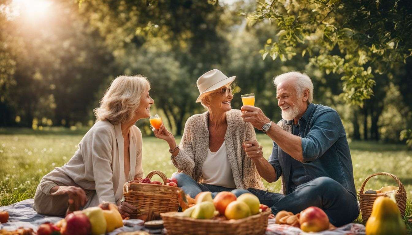 An elderly couple enjoying a picnic in a park surrounded by healthy snacks.