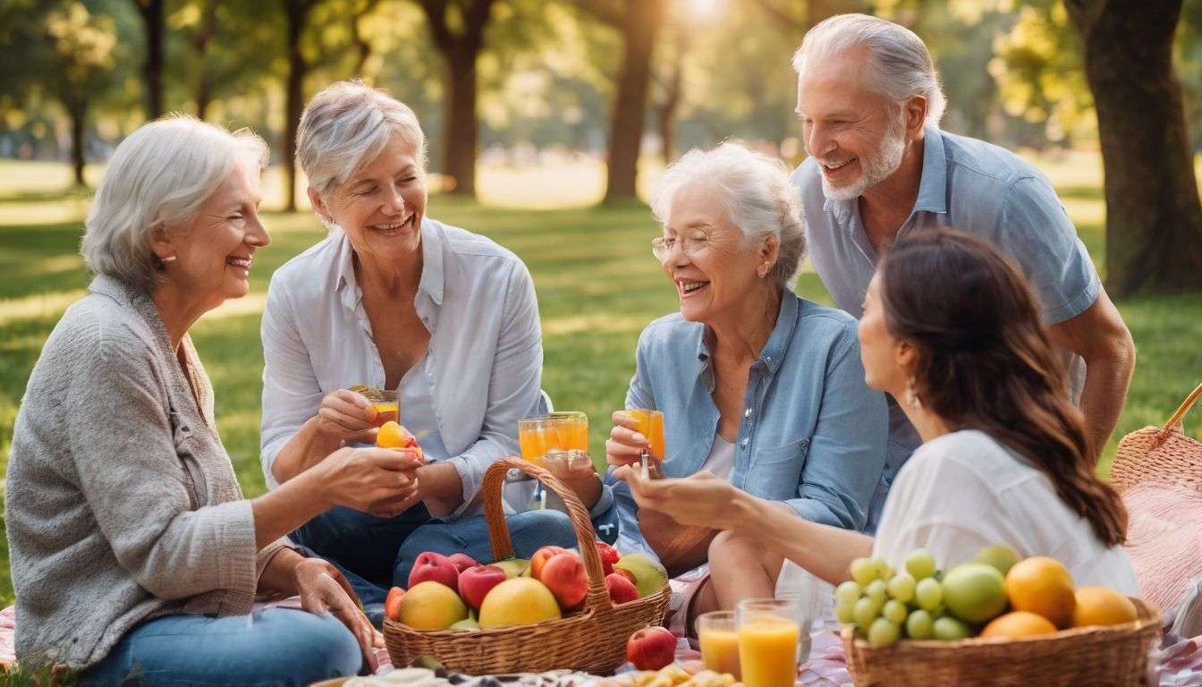A group of seniors enjoying a picnic in a colorful park.