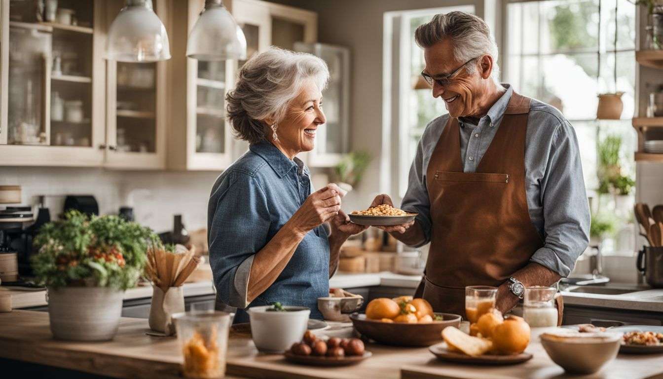 Elderly couple sharing probiotic snacks in a cozy kitchen setting.