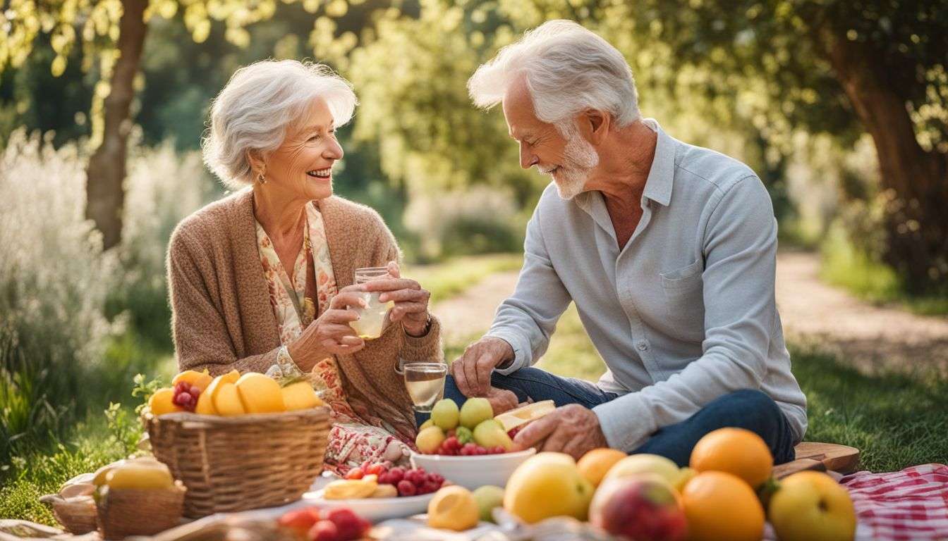 A senior couple enjoying a picnic in a beautiful garden.