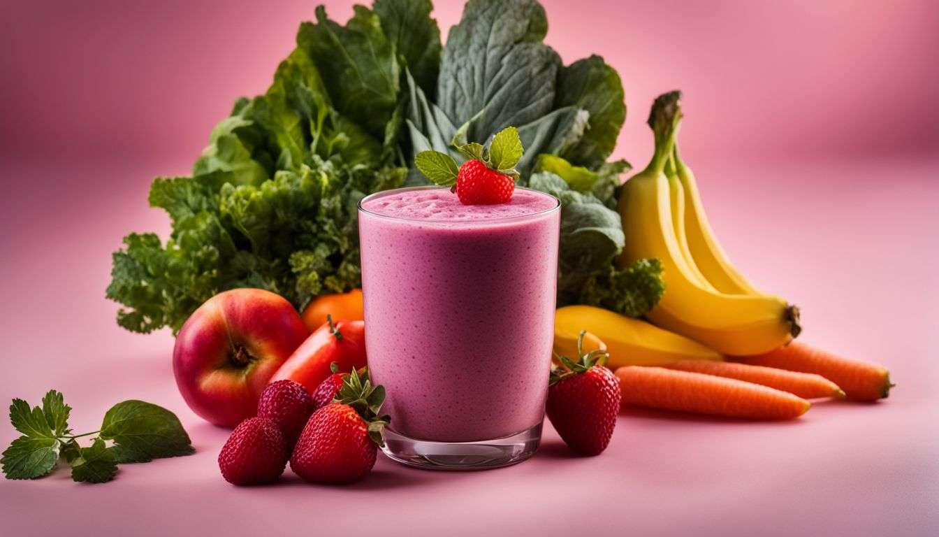 A close-up photo of a collagen-rich smoothie surrounded by fresh produce.