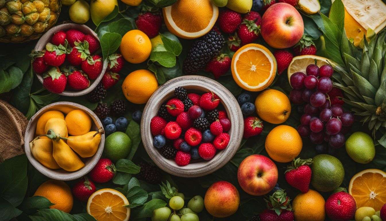 A close-up shot of a vibrant bowl of fresh fruits surrounded by greenery.