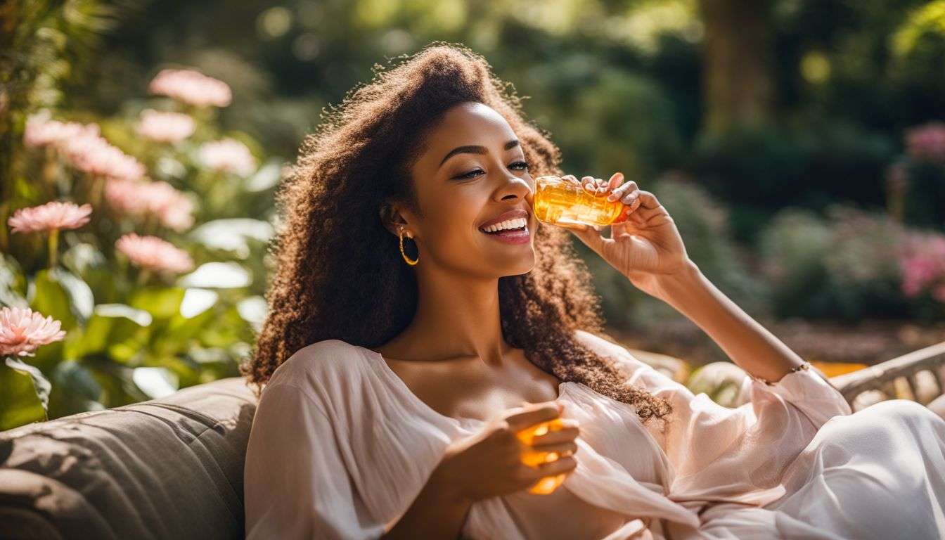 A woman enjoys a collagen gummy while relaxing in a botanical garden.