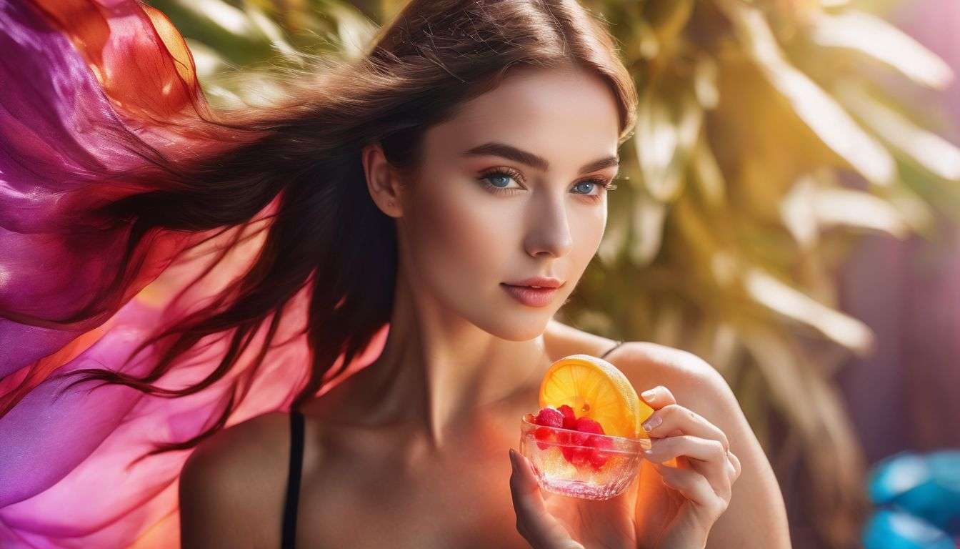 A woman holding a collagen gummy in a vibrant, fruity setting.