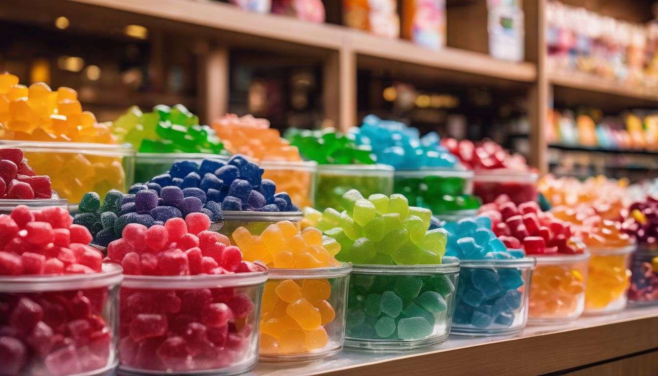 A group of colorful collagen gummies arranged in a playful candy store.