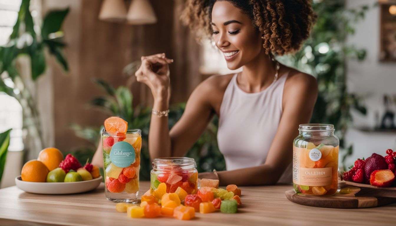 A woman holding a bottle of collagen gummies surrounded by natural fruits and plants in a bustling atmosphere.