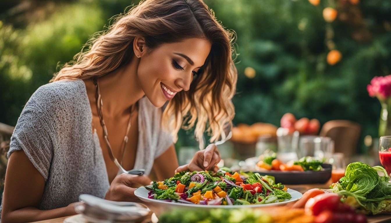 A woman enjoying a colorful, veggie-packed salad in a vibrant outdoor setting.