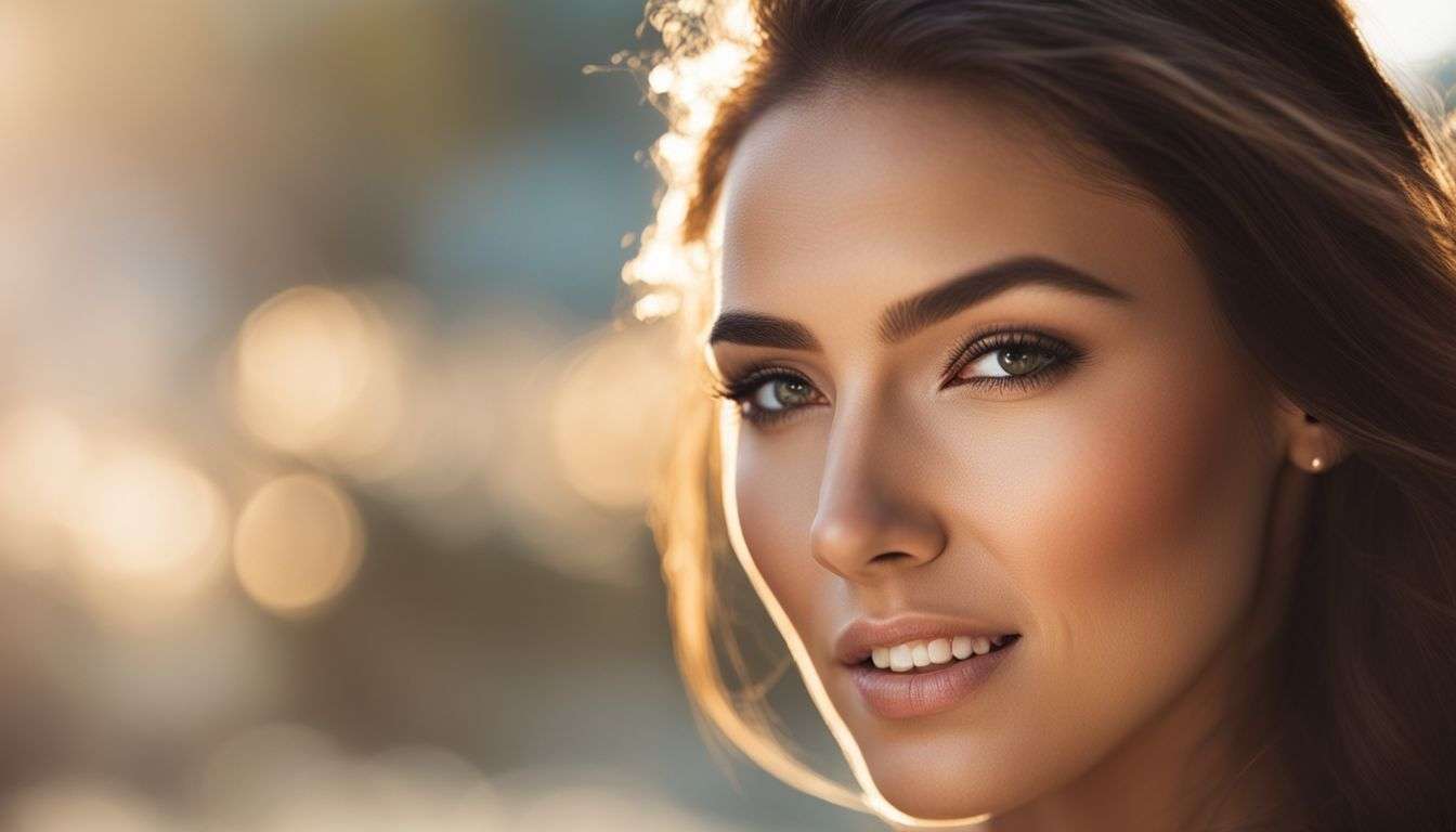 A close-up portrait of a woman with smooth, radiant skin and detailed features.