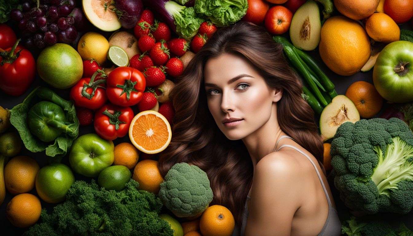 A woman with clear, glowing skin surrounded by fresh fruits and vegetables.