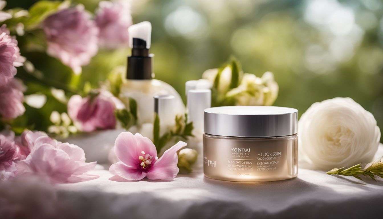 A close-up of a collagen-infused skincare product surrounded by blooming flowers and diverse faces.