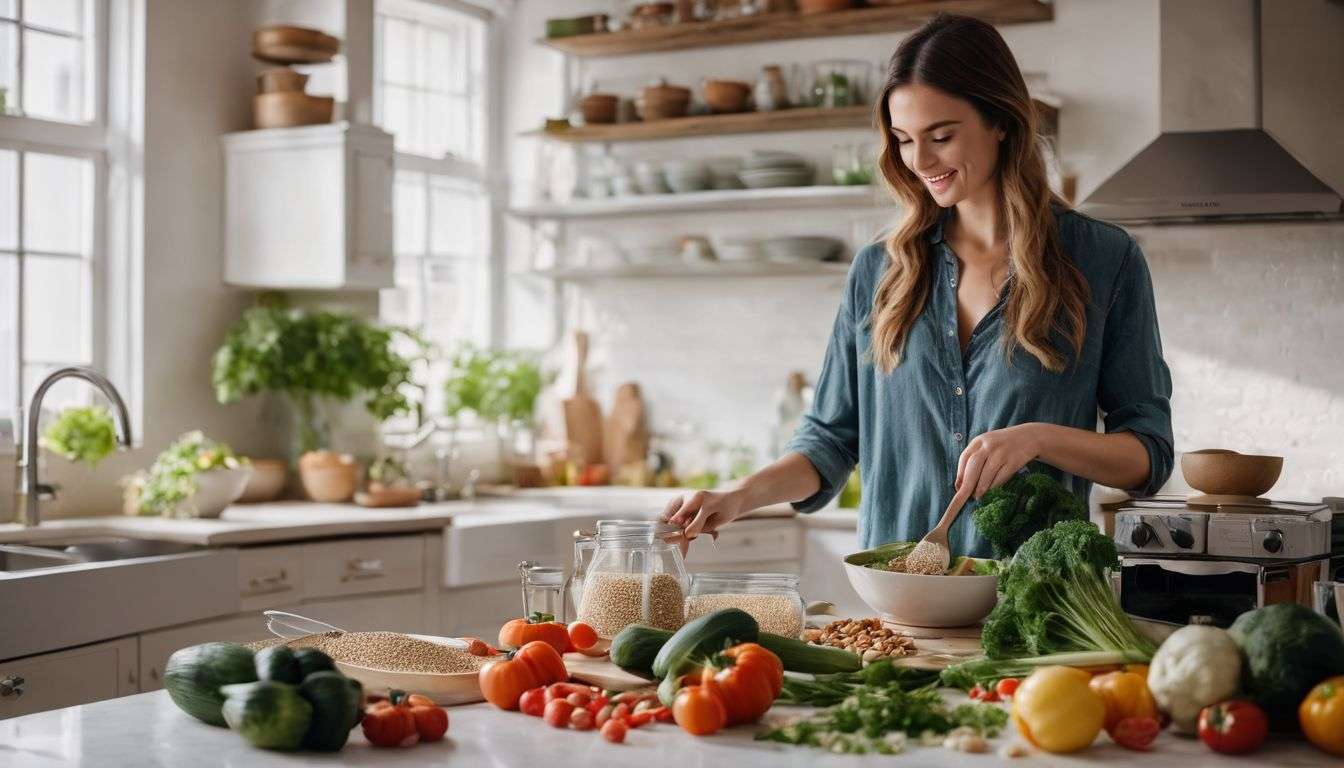 A person prepares a balanced plate of healthy food in a bright kitchen.