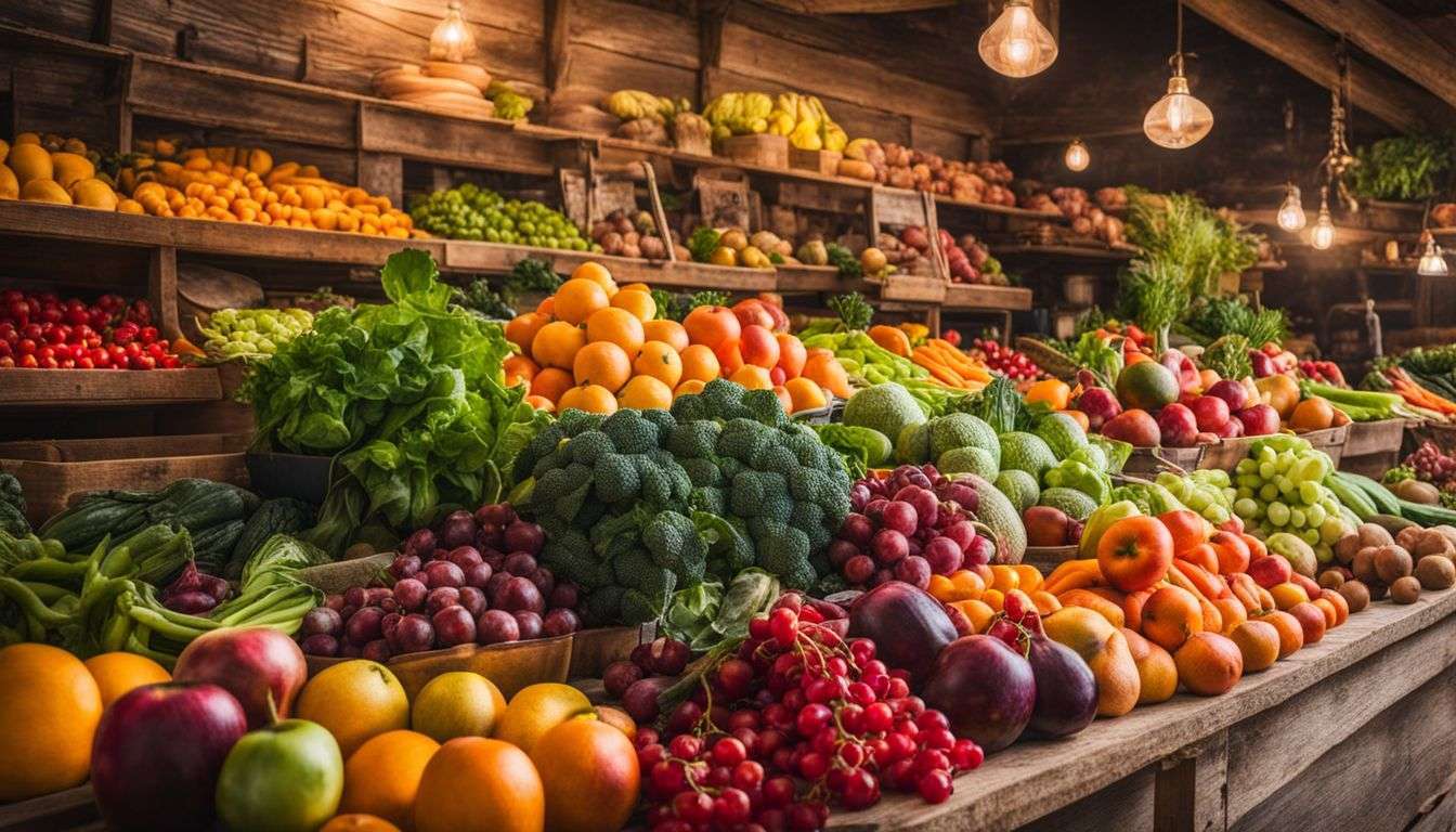 A colorful array of fresh fruits and vegetables at a vibrant market.