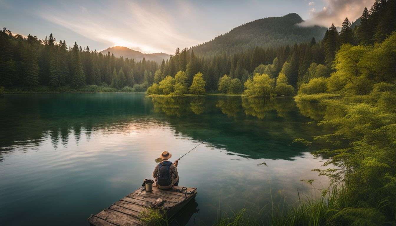 A person peacefully fishing in a serene, lush green lake.
