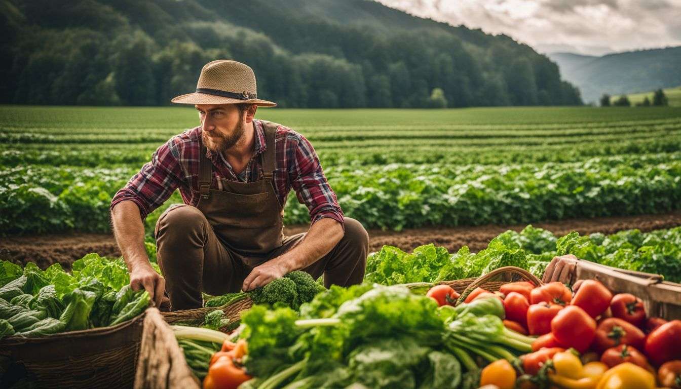 A farmer harvesting fresh organic vegetables from a vibrant farm field.
