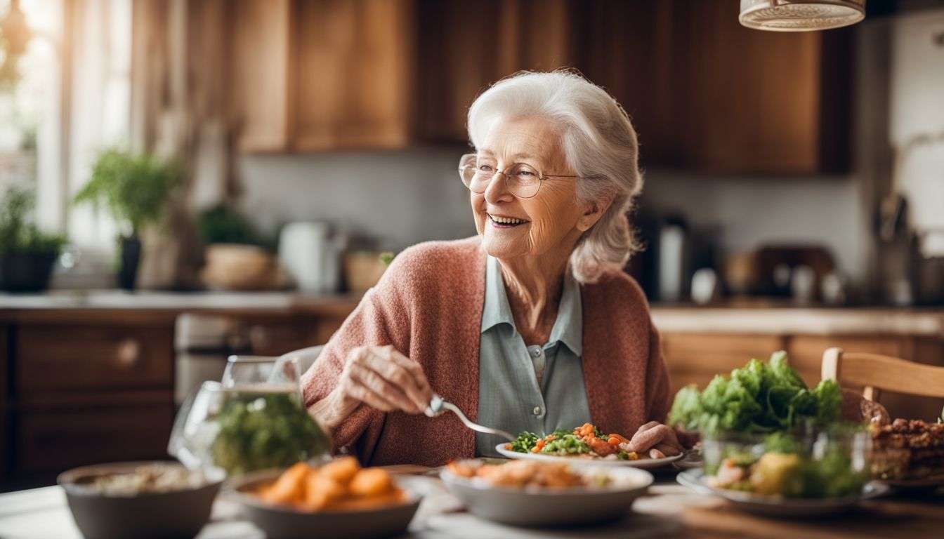 An elderly woman enjoying a meal with probiotic-rich foods in her kitchen.