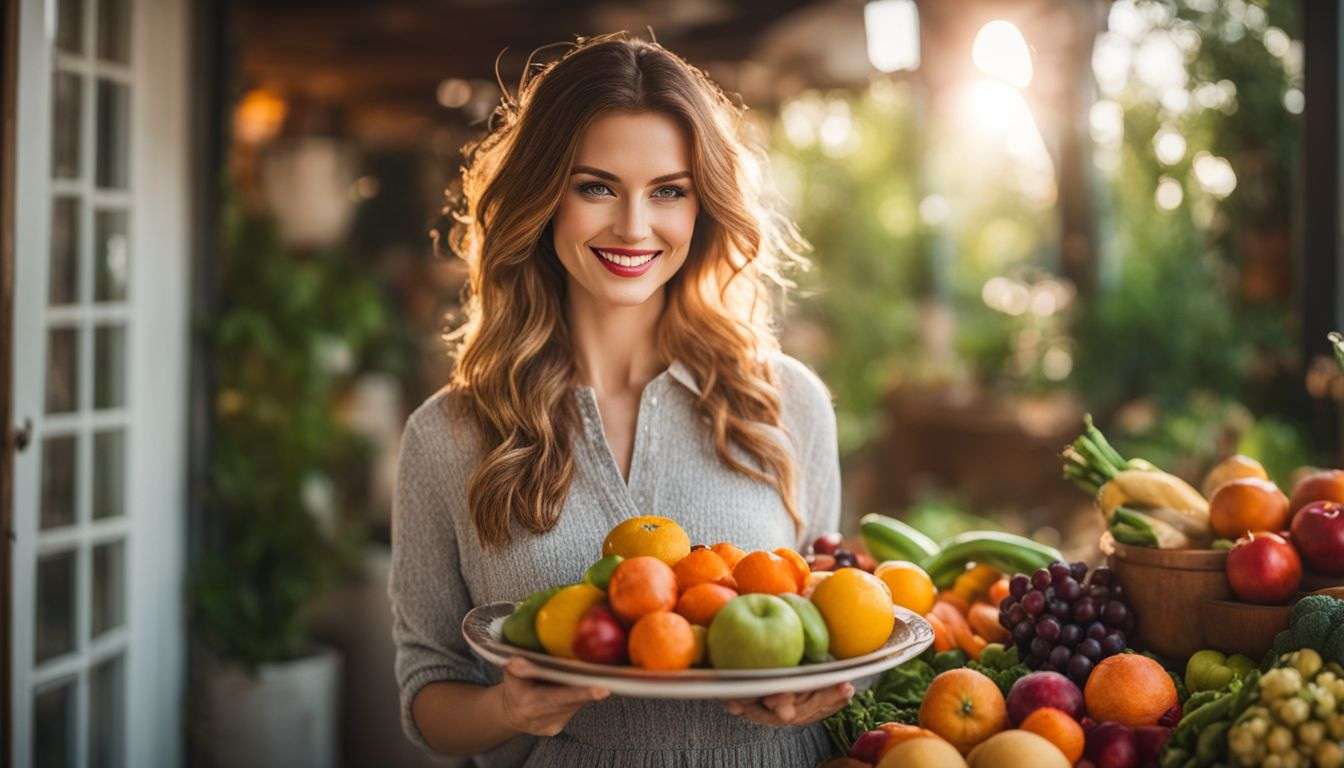 A woman holding a plate of vibrant fruits and vegetables.