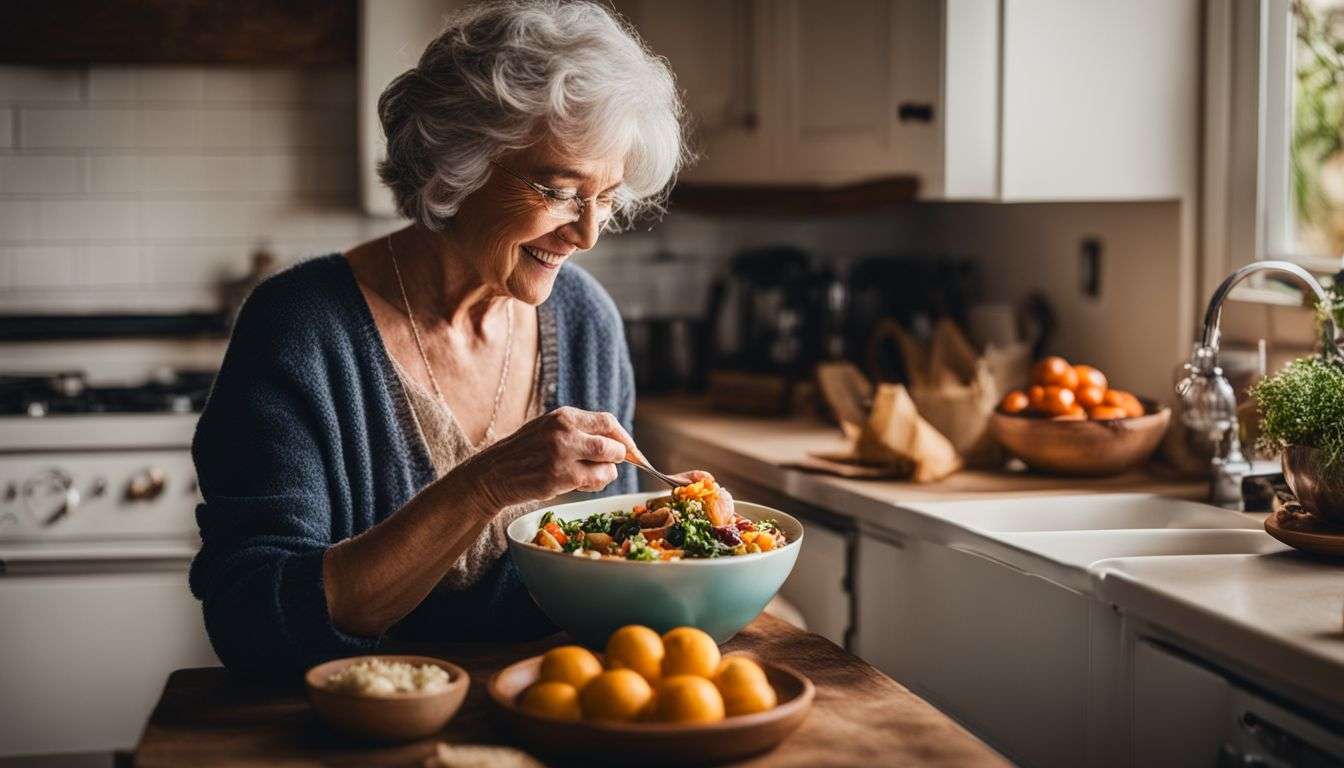 An elderly person enjoying a bowl of nutritious food in a cozy kitchen.