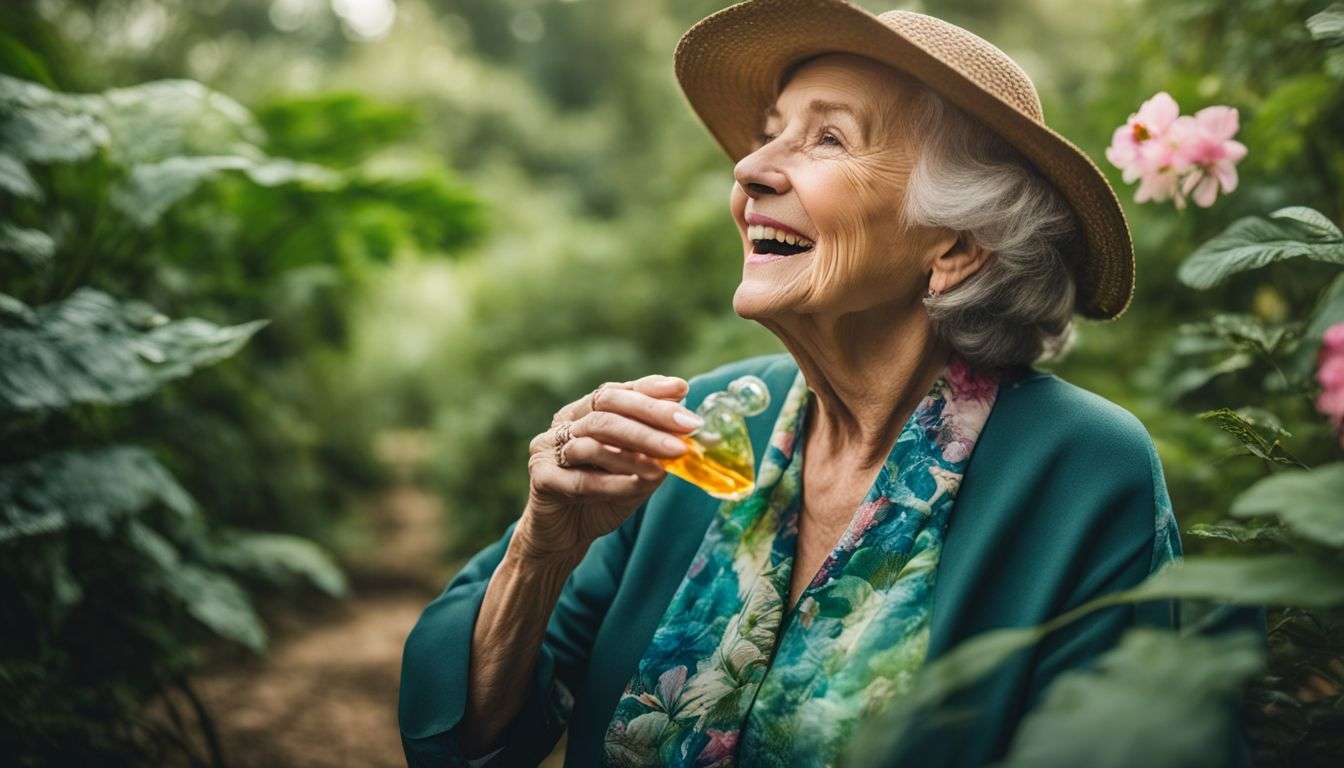 An elderly woman happily takes a collagen gummy surrounded by lush greenery.
