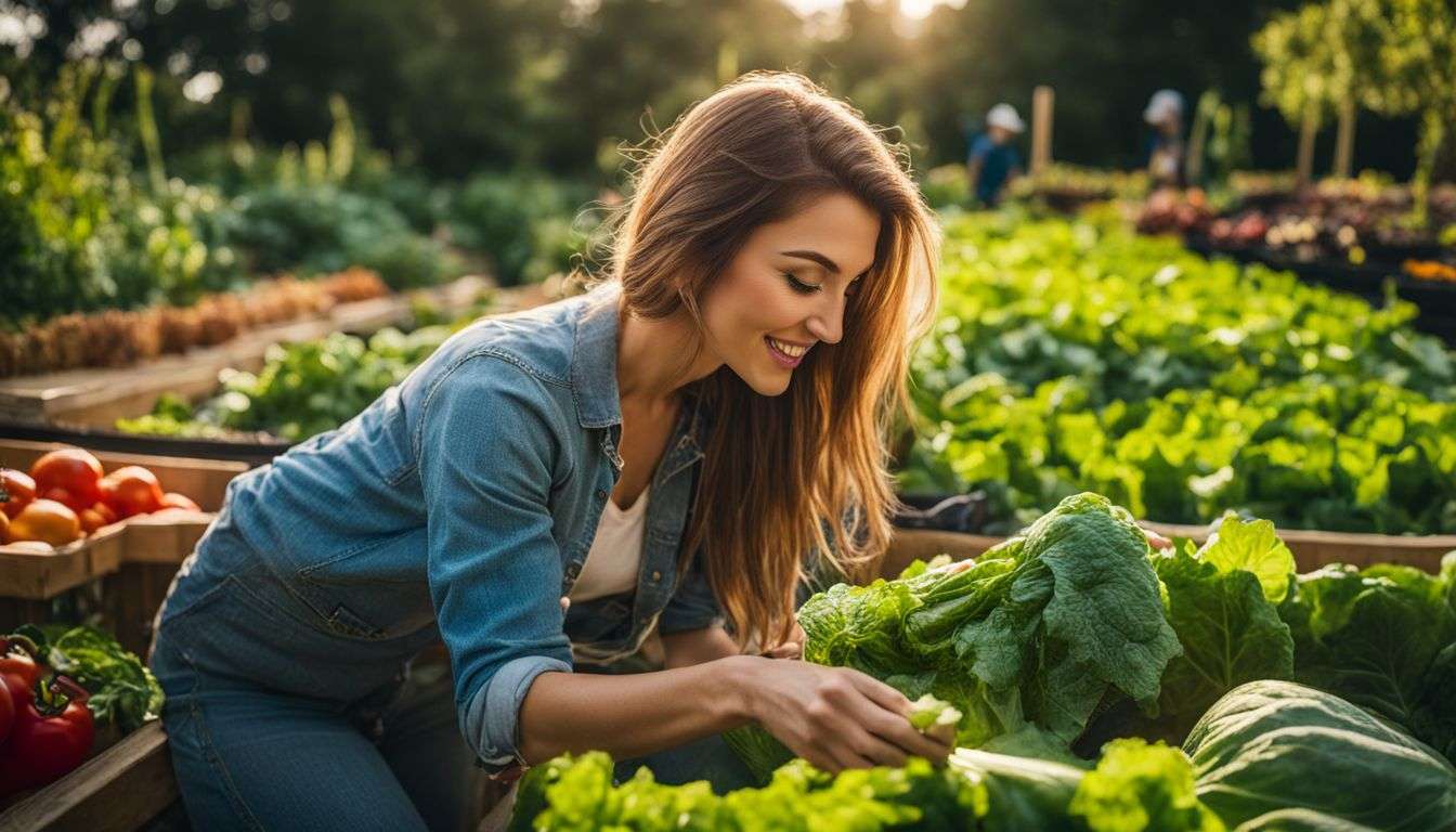 A woman picking organic vegetables in a vibrant, non-GMO garden.
