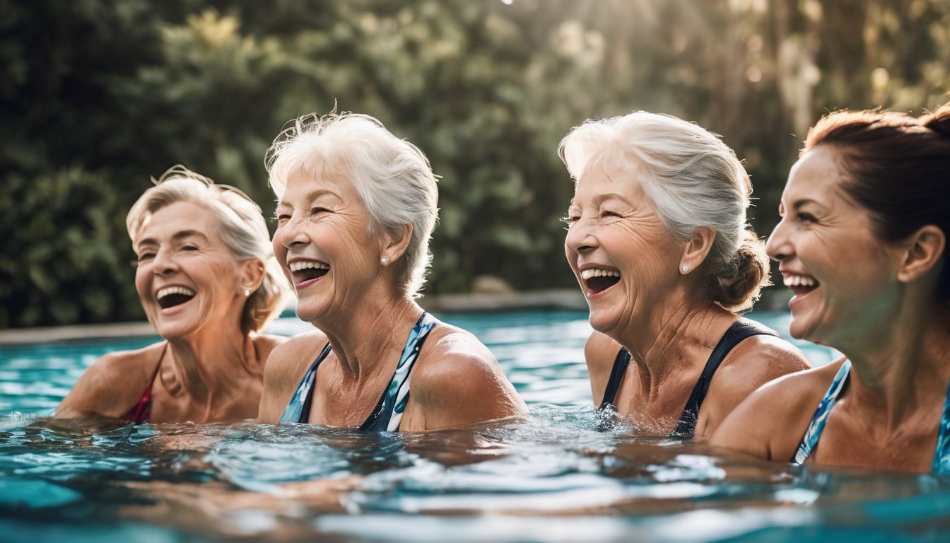 A group of seniors laughing and exercising together in a warm pool.