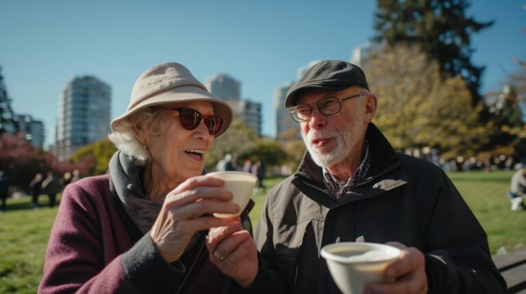 Elderly men enjoying probiotic yogurt in tranquil park.