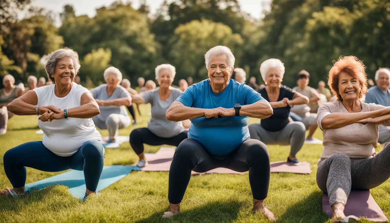 Seniors doing hip bursitis exercises in a peaceful park.