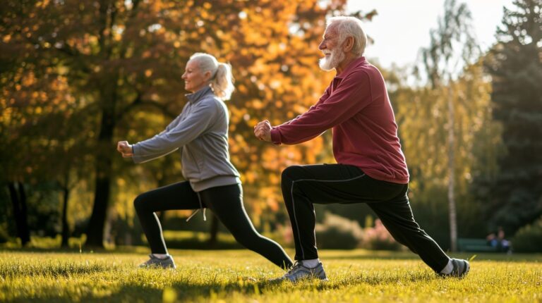 Elderly couple exercising together in a sunny park.