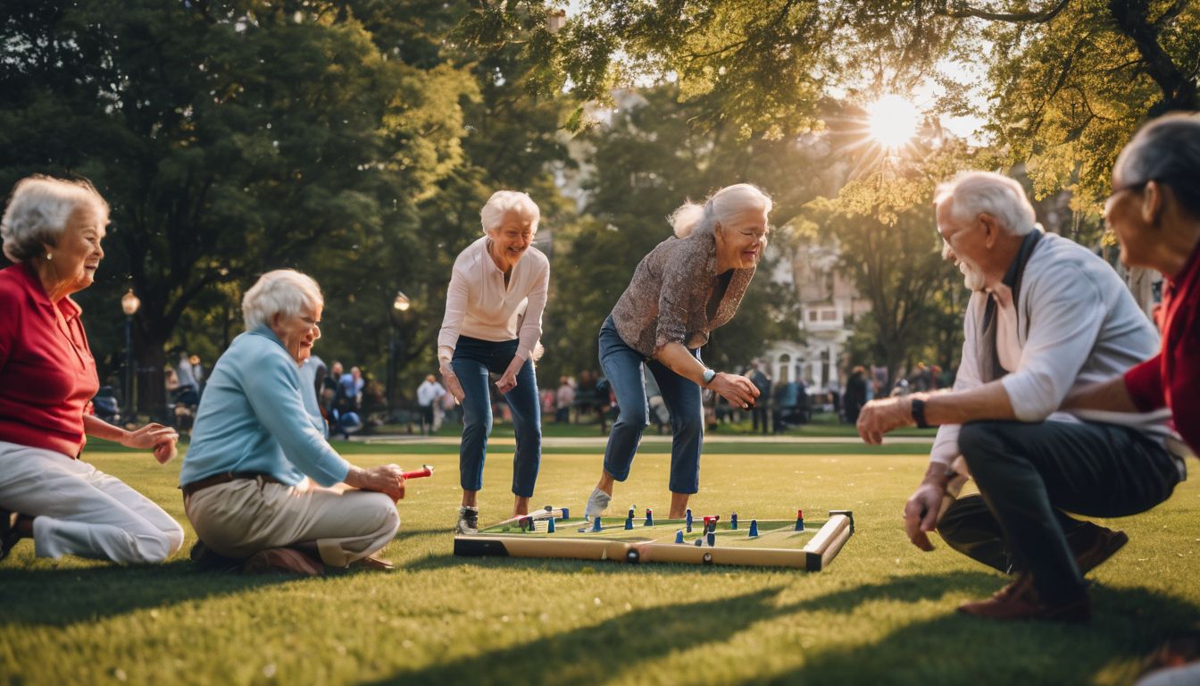 A group of seniors playing outdoor lawn games in a park.
