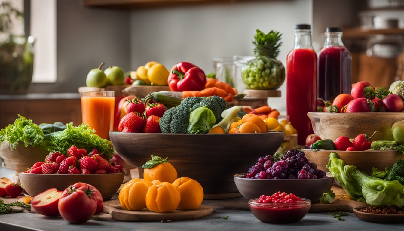 A colorful array of pureed fruits and vegetables on a kitchen countertop.