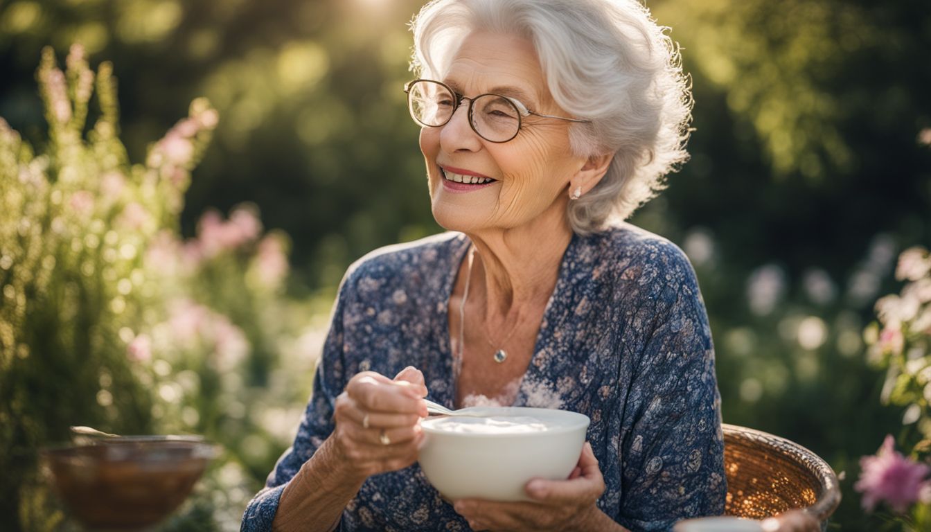 An elderly woman enjoys probiotic yogurt in a serene garden setting.