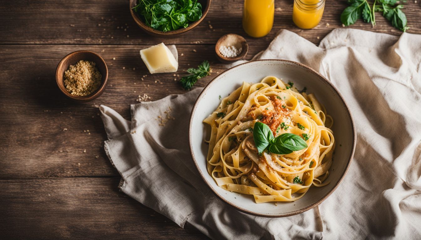 A plate of gluten-free pasta with low-carb ingredients on a rustic table.