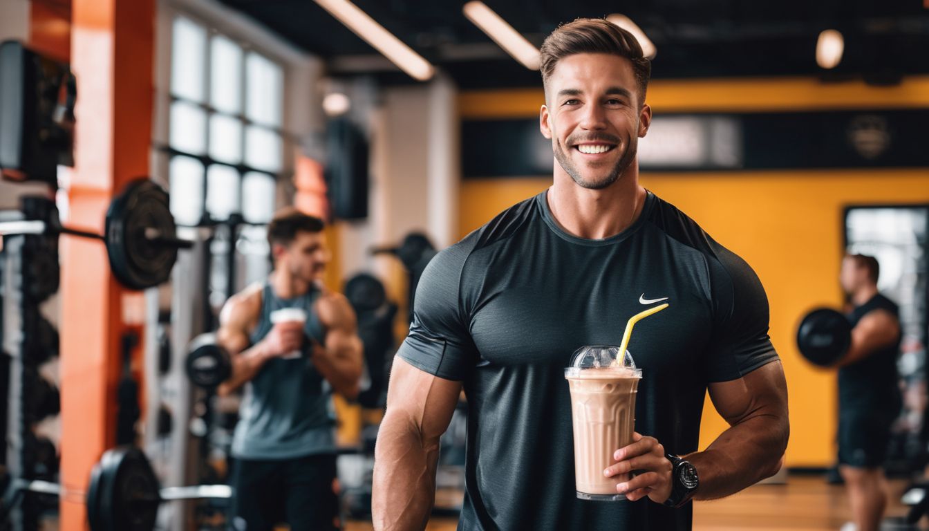 A senior athlete holding a protein shake in a gym.