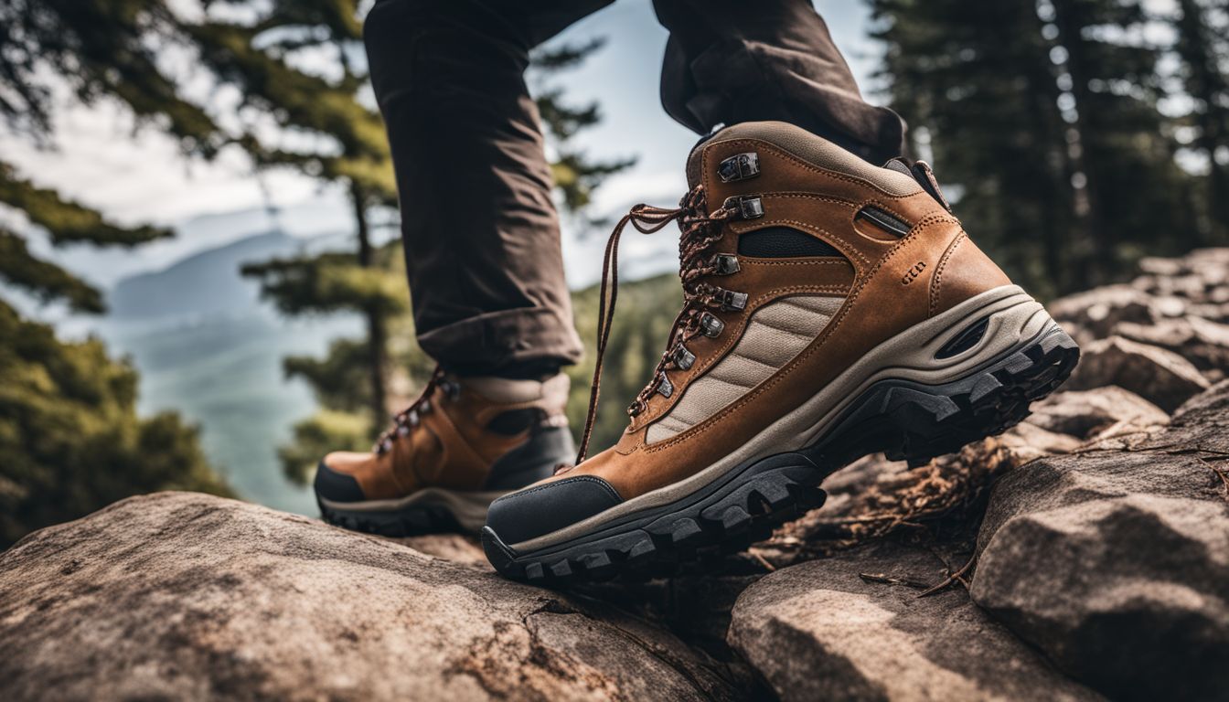 A close-up of a sturdy hiking boot on a rocky trail in a bustling atmosphere.