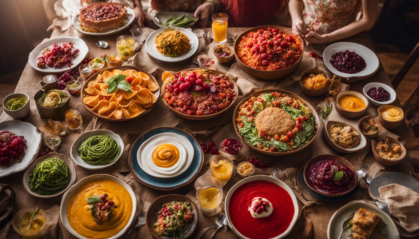 A colorful display of pureed food dishes on a vibrant table setting.