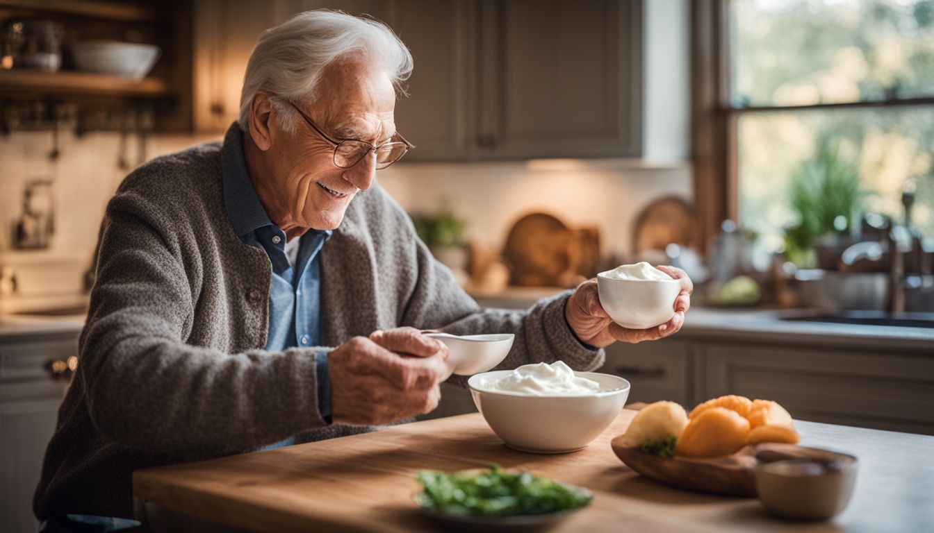 A senior man enjoying organic yogurt in a cozy kitchen.