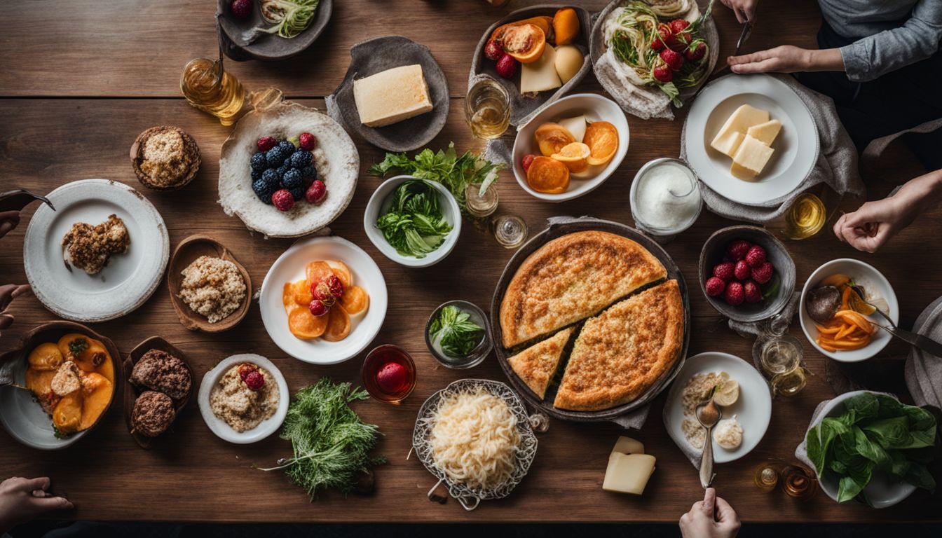 Assorted low-carb and gluten-free foods on a table with people.
