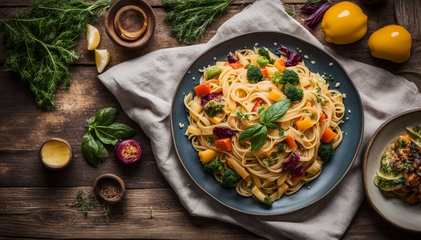 A plate of gluten-free pasta with assorted vegetables on a rustic table.