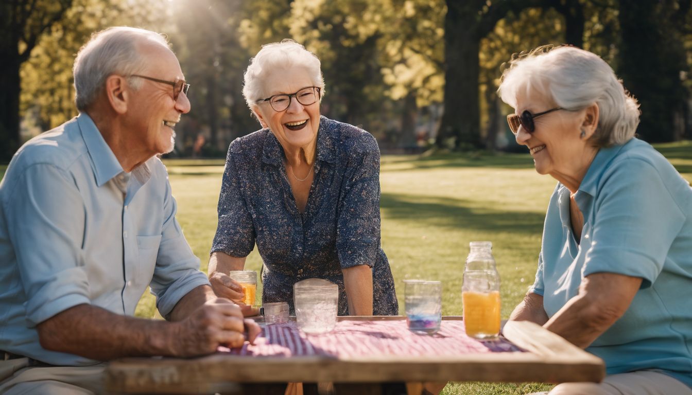 Elderly group enjoying outdoor games in a sunny park.