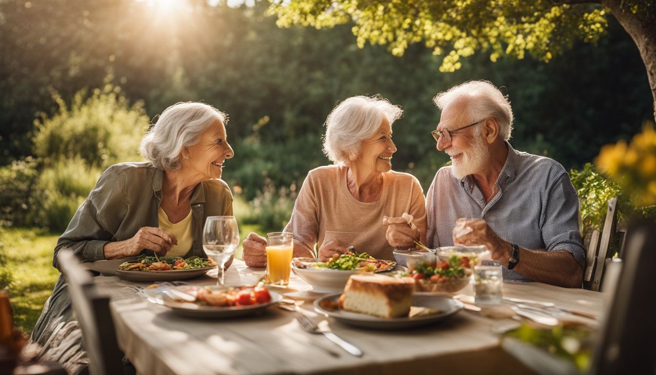 Elderly couple enjoying a healthy meal in a garden.