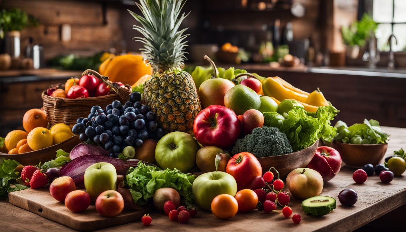 A variety of colorful fruits and vegetables arranged on a wooden kitchen table.