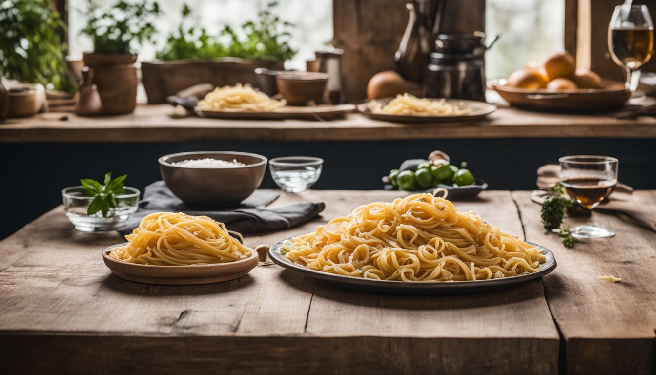 A comparison of regular and gluten-free pasta on a rustic kitchen table.