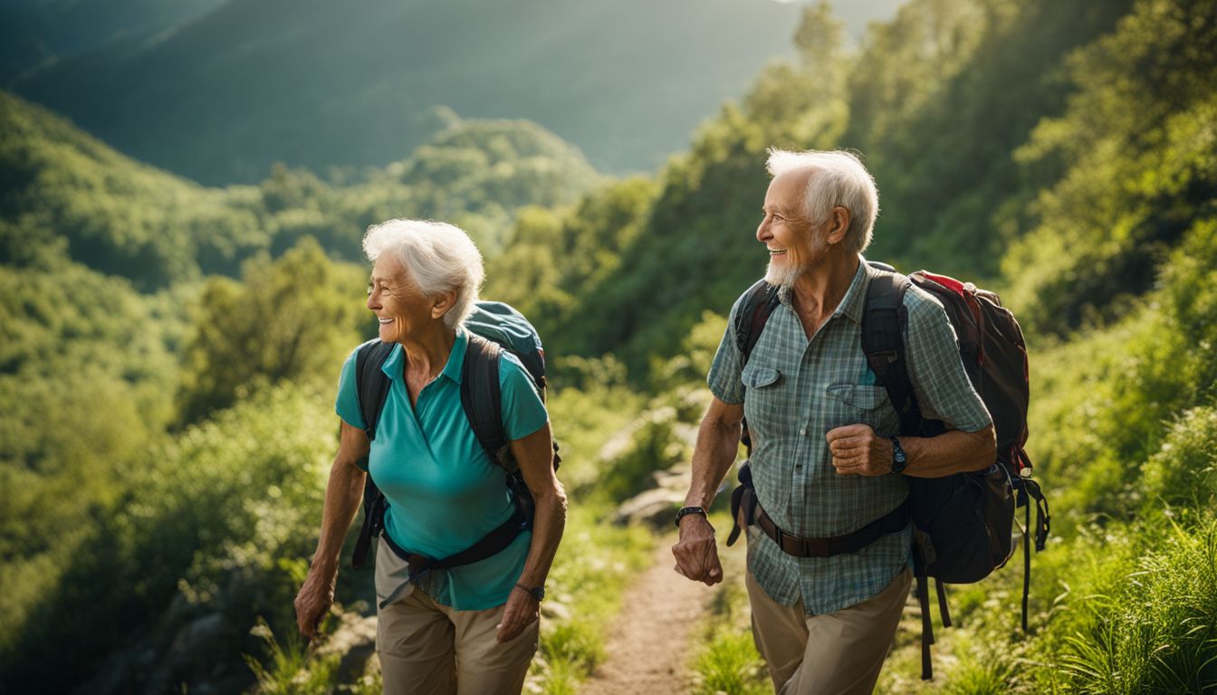 An elderly couple hiking on a scenic trail surrounded by lush greenery.