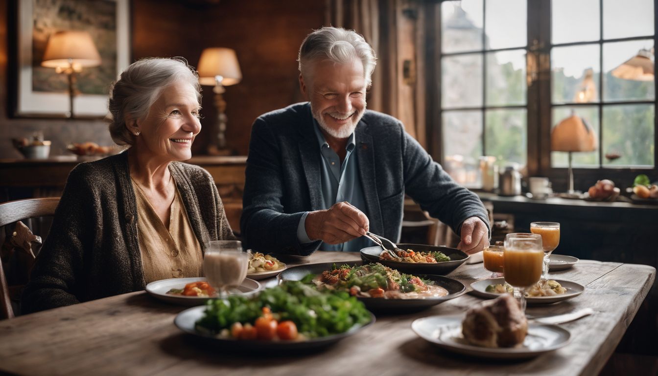 A senior man and woman enjoying a nutritious meal in a cozy dining room.