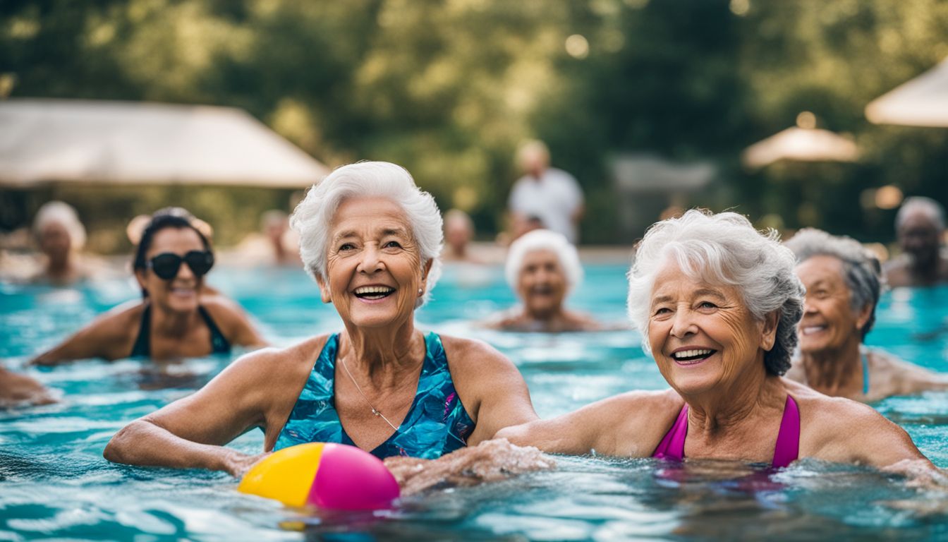 Seniors doing water aerobics in a bustling pool setting.
