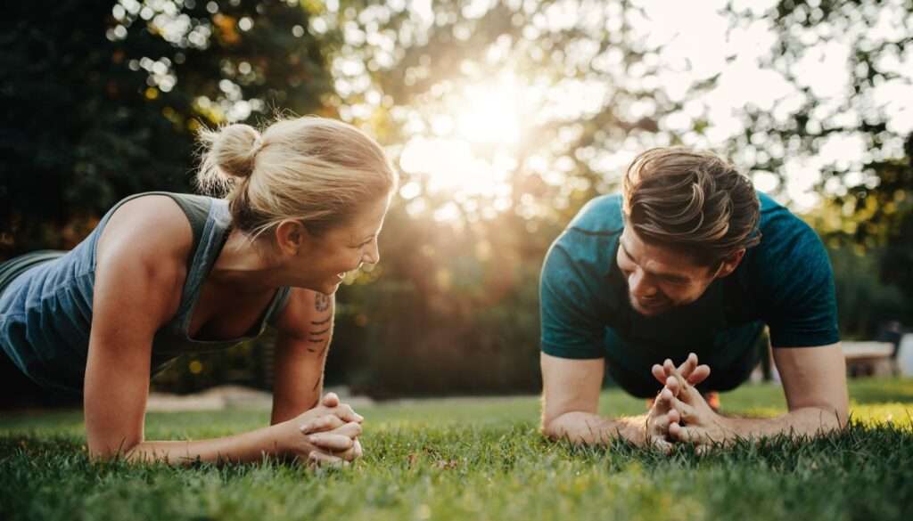 caucasian couple happily doing core workout together on a park