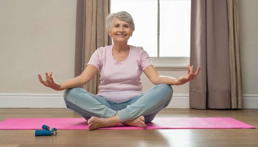 Senior smiling woman doing core exercises in
her living room. 