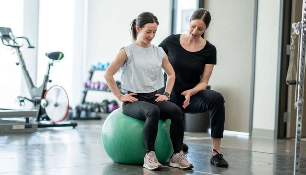 A young female works with her
physiotherapist in a gym 