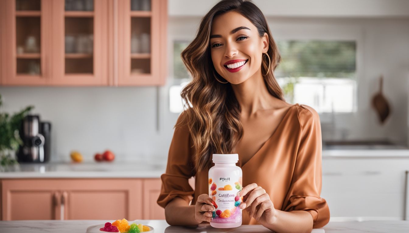 A woman holding a bottle of collagen gummies in a bright kitchen.